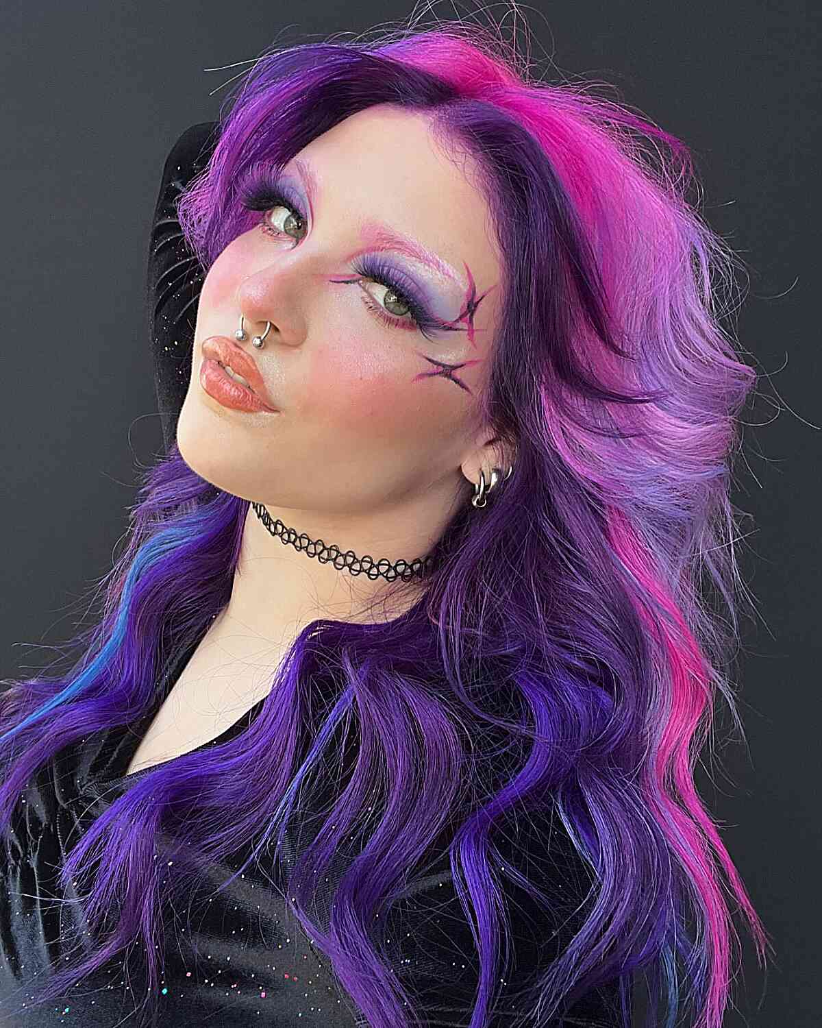 Dark Violet Long Hair with pink highlights