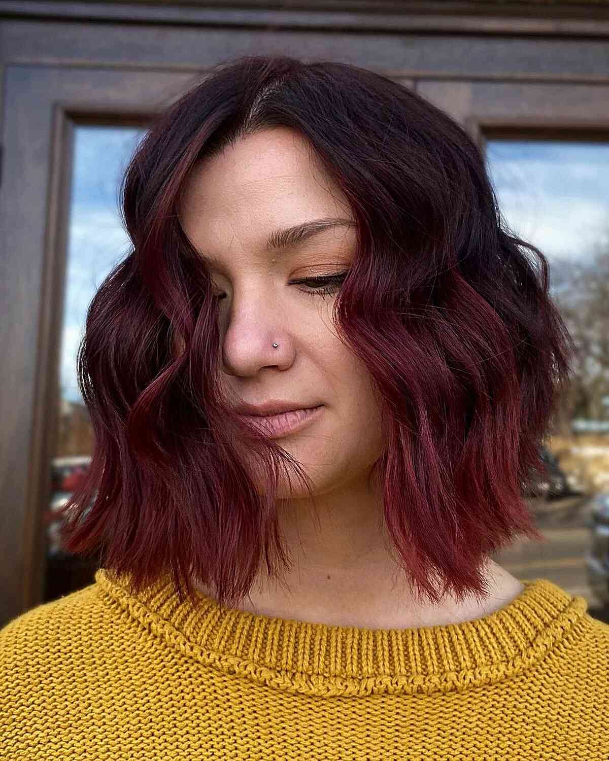 Dark Wavy Bob Hair with Burgundy Crimson Ombre Highlights Parted on the Side