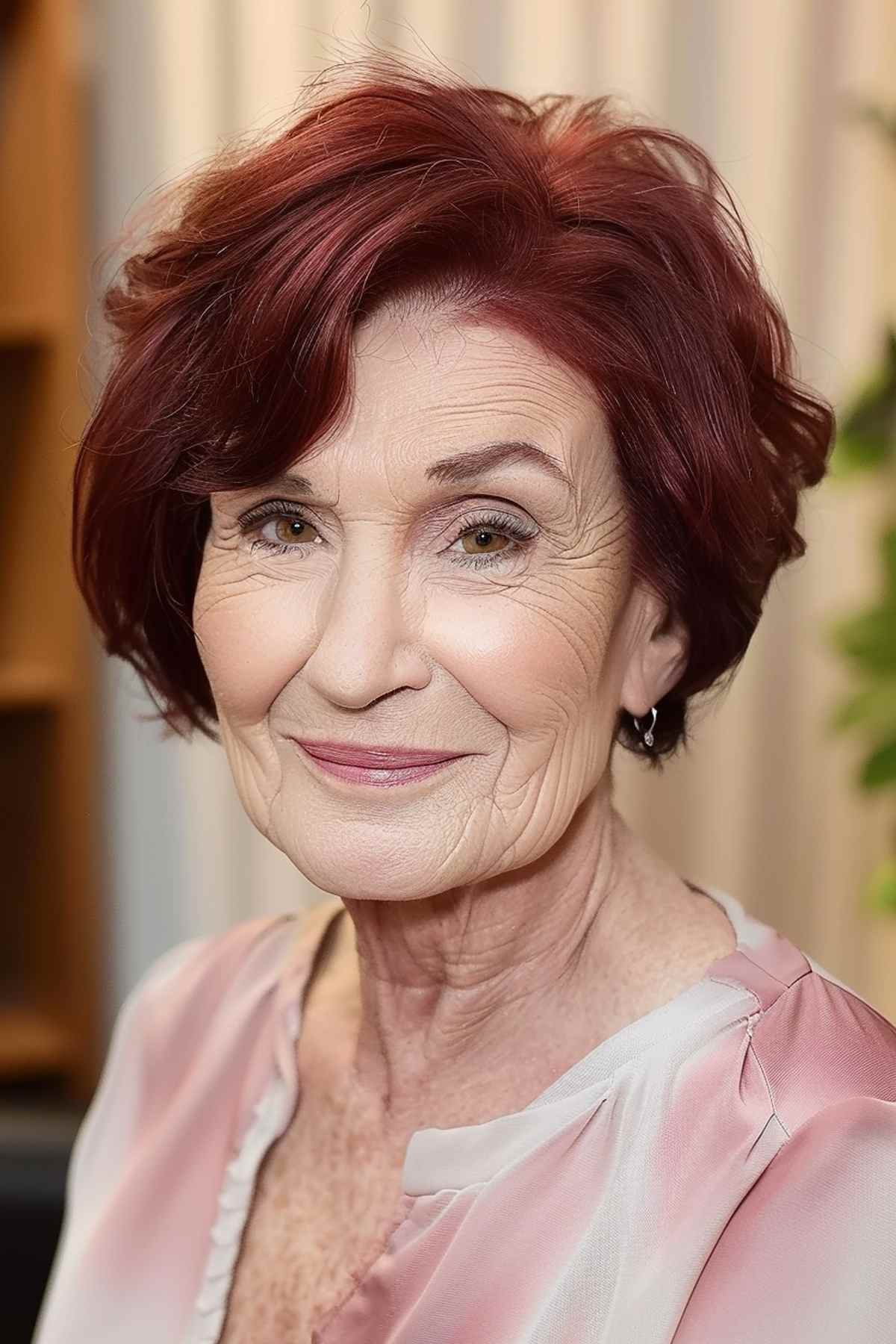 Short layered waves with darker cherry tone for women over 70.