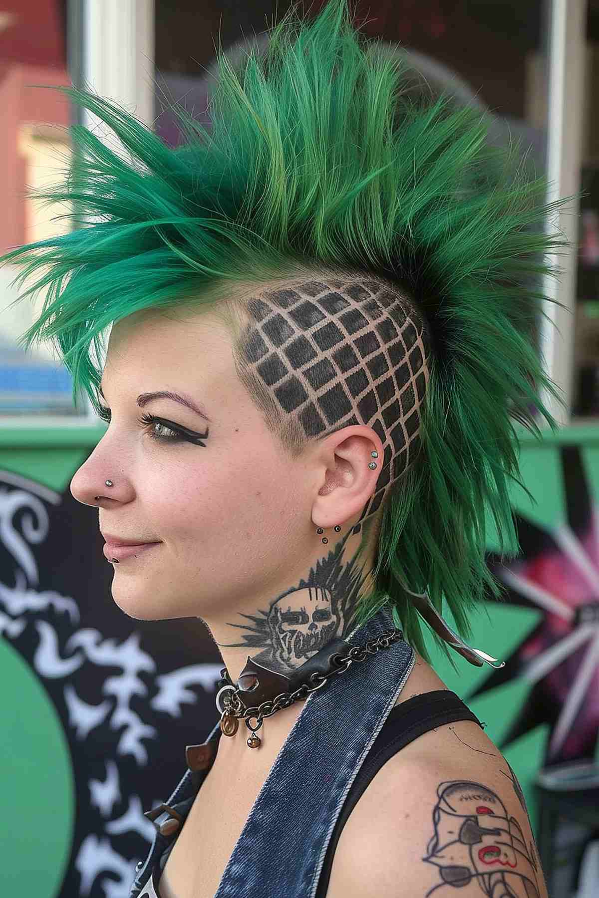 Deathhawk hairstyle with green mohawk and intricate shaved side patterns for women