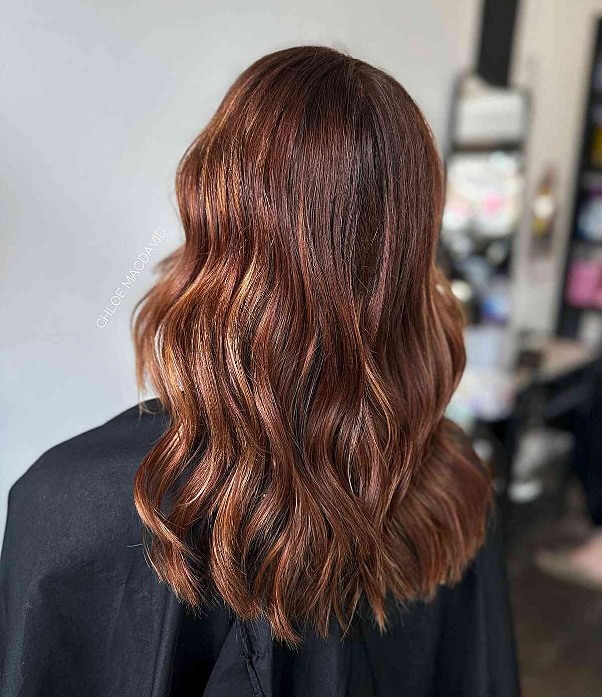 Medium-Length Deep Auburn Balayage Hair with Hints of Copper Blonde