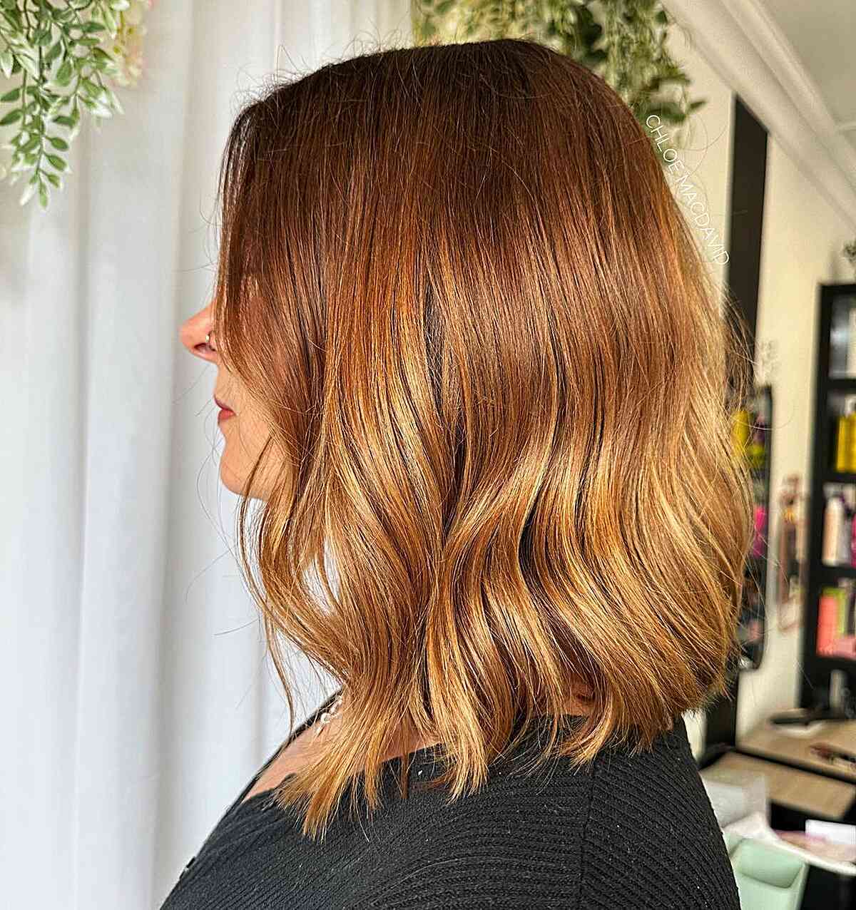 Deep Auburn Balayage Roots with Light Ginger Ends for Lob Haircut