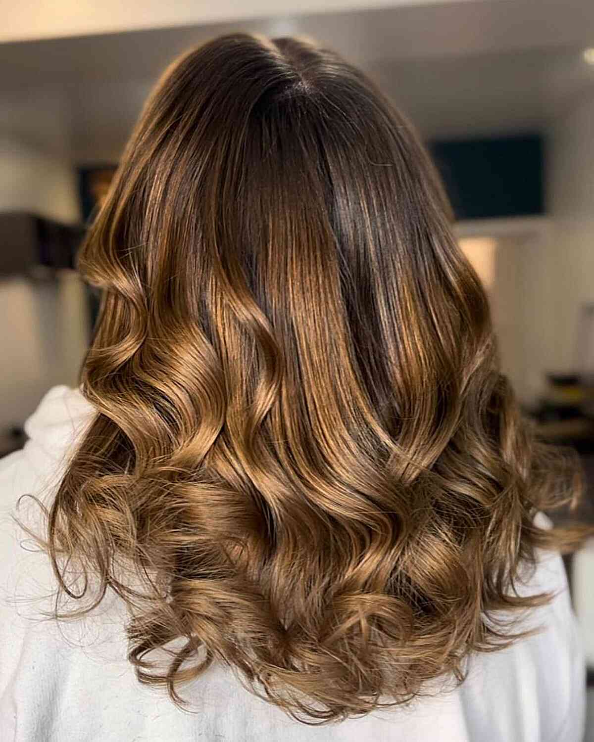 Deep Brunette Base Hair Color with Golden Brown Caramel Balayage Highlights
