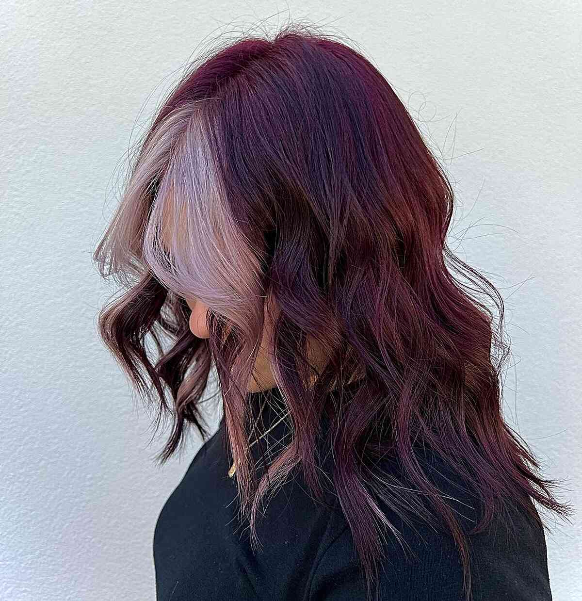 Deep Burgundy Red-Violet with Silver Face-Framing Highlights on Mid-Length Choppy Hair