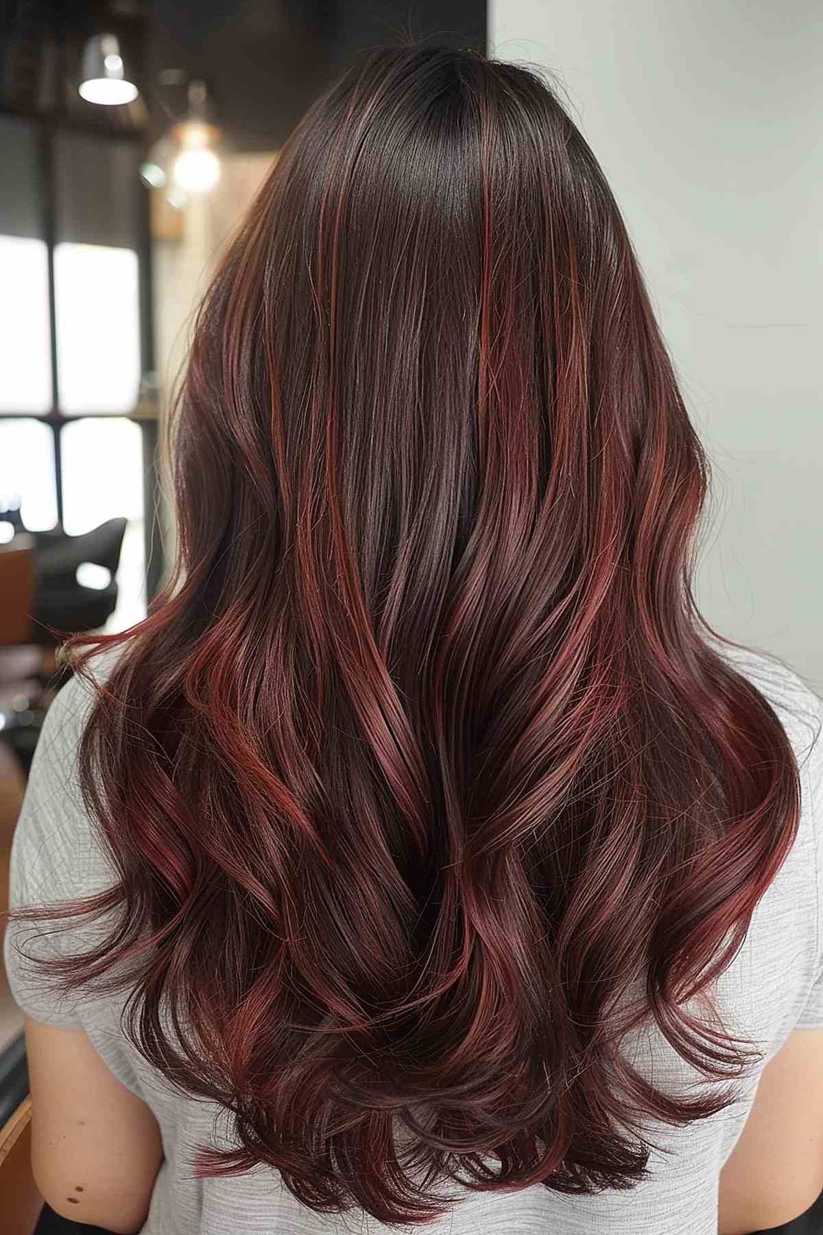 Deep cherry espresso balayage on long wavy hair.