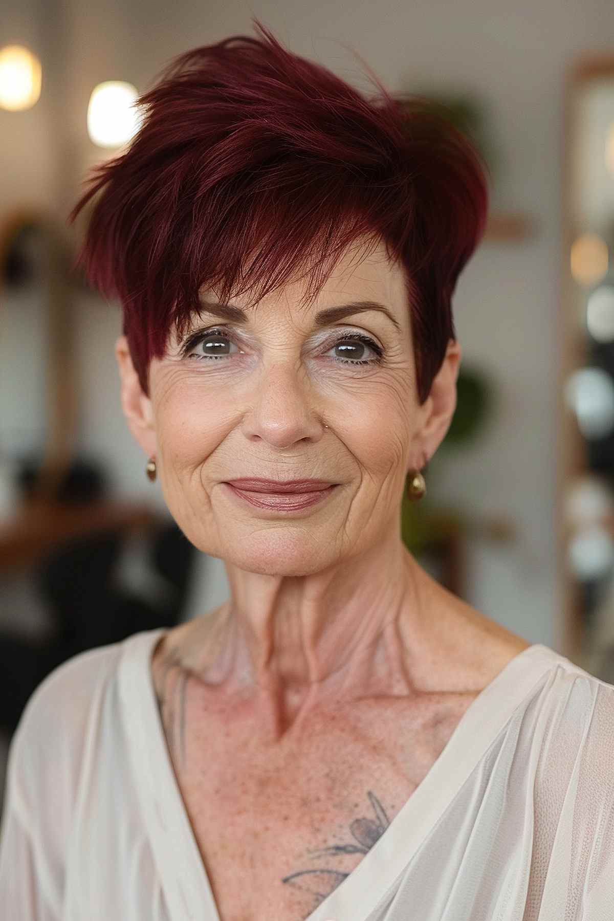 Short layered pixie with deep cherry color for women over 60.