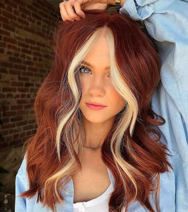 Deep Crimson Red Hair With Blonde Highlighted Face Frame 798x900 