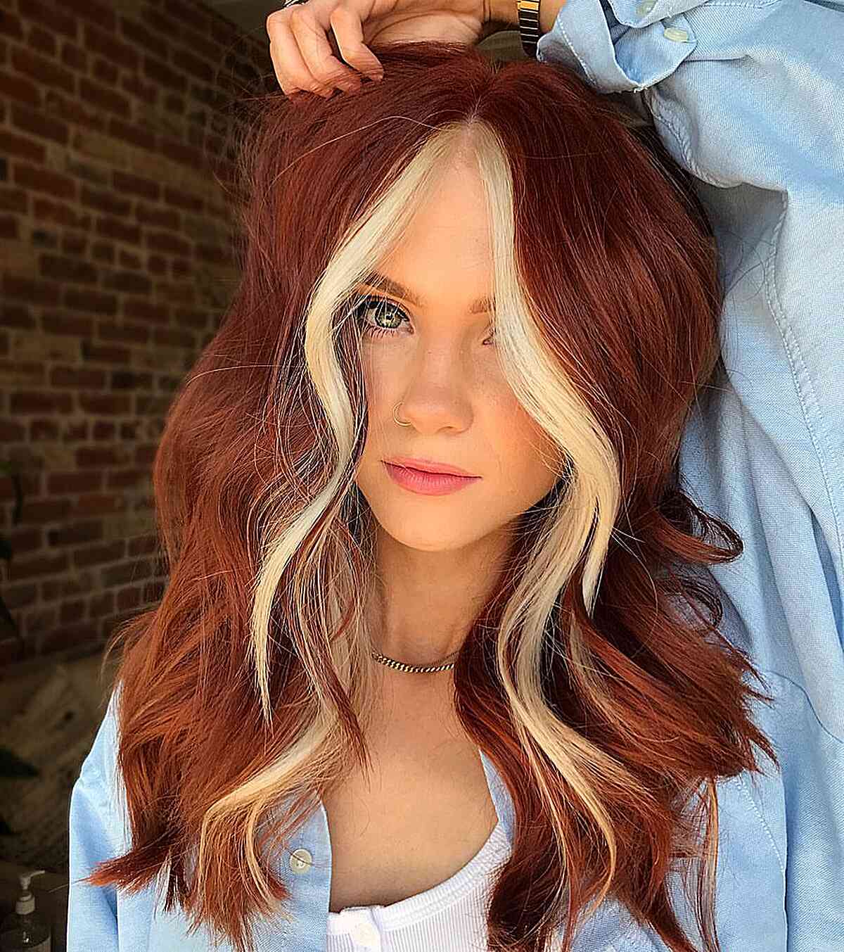 Deep Crimson Red Hair with Blonde Highlighted Face Frame 