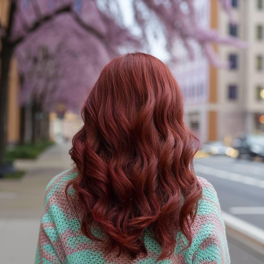 Wavy deep mahogany red hair with a glossy finish, adding bold warmth for a vibrant spring transformation