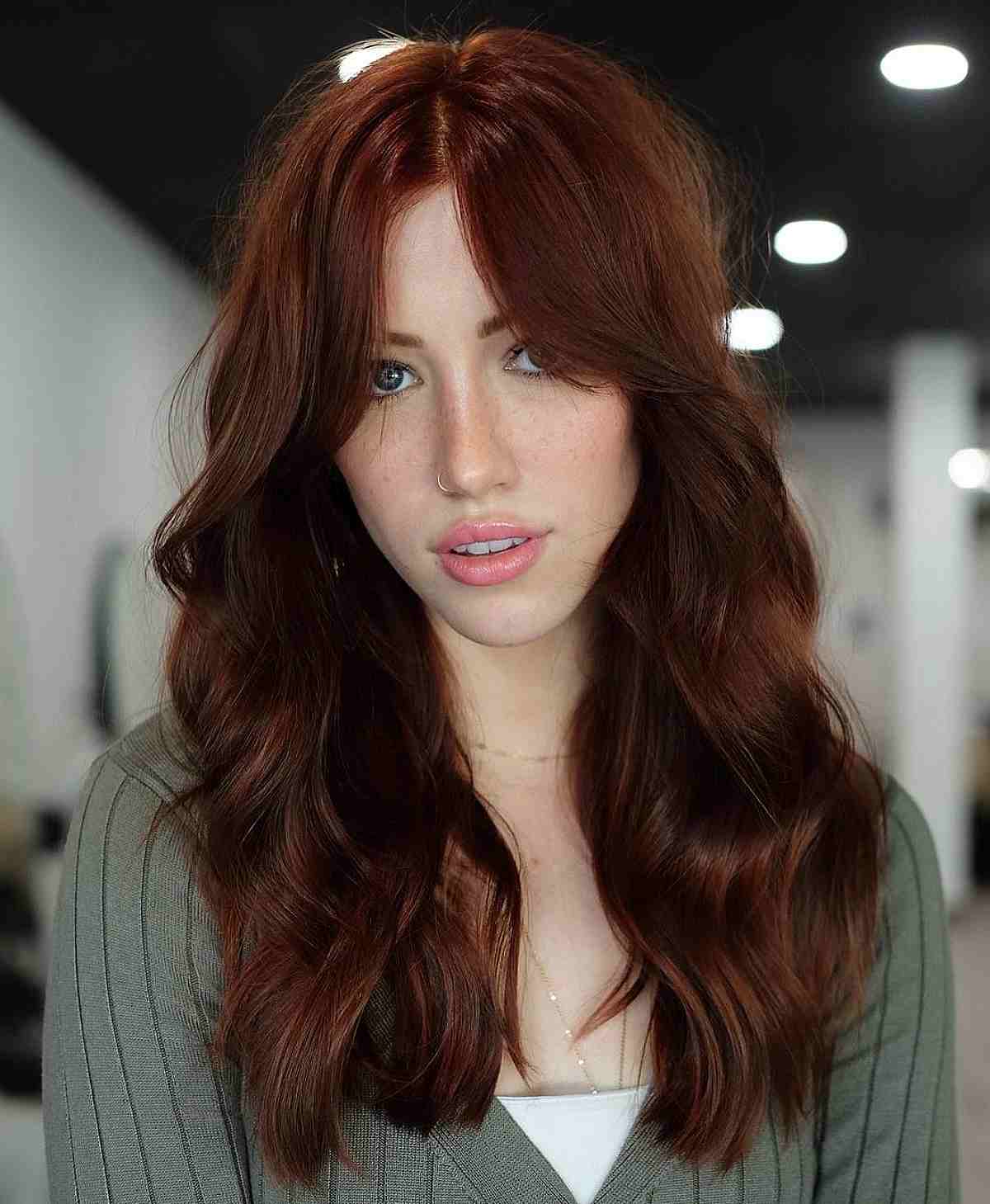 Deep Red Wavy Hair with Bardot Bangs for a Long Face