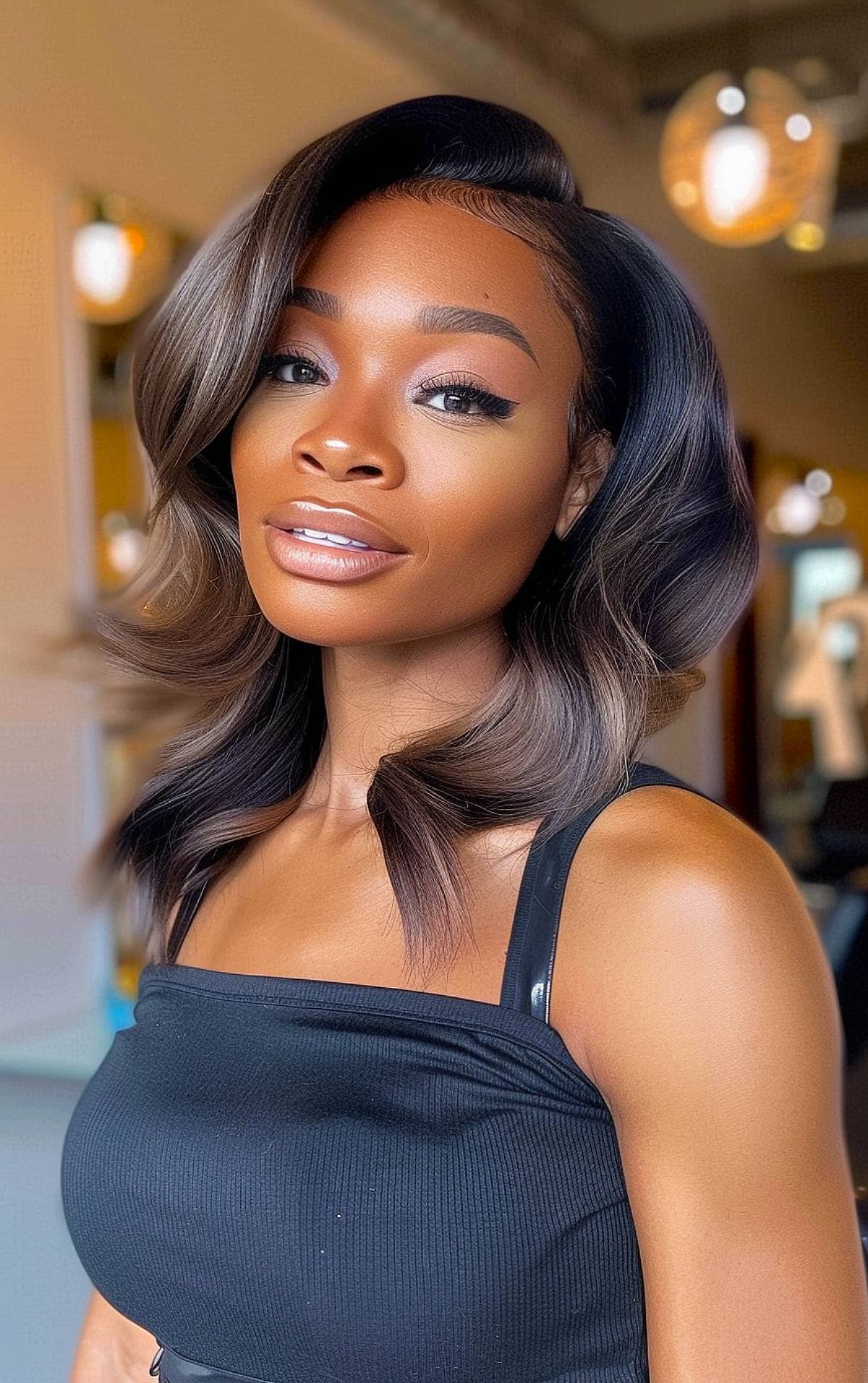 Deep side part layered hair with caramel ombré for Black women