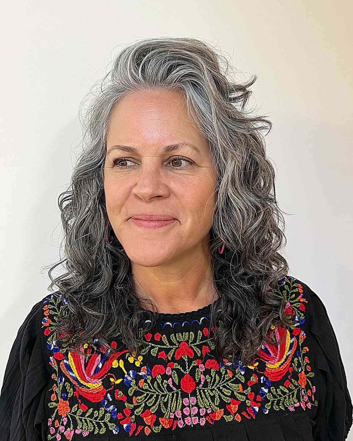 Gray Deep Side-Parted Curls for Older Women's Mid-Length Hair