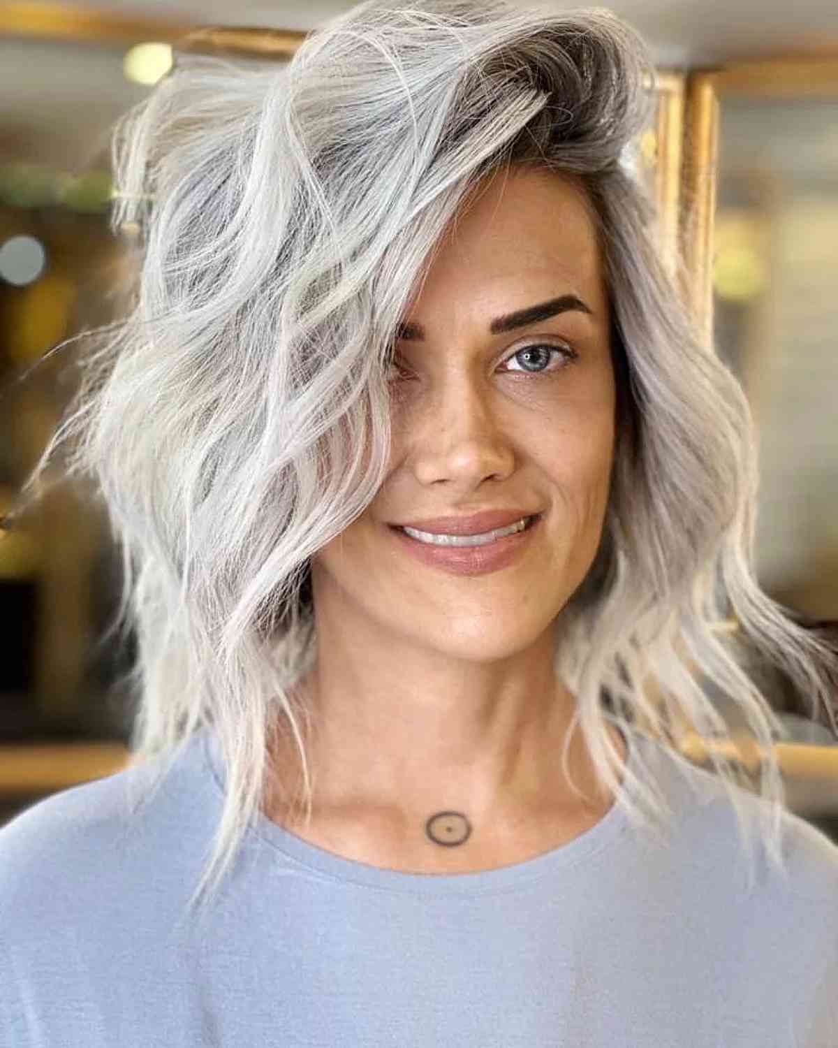 Deeply Side-Parted Silver-Blonde Messy Hair