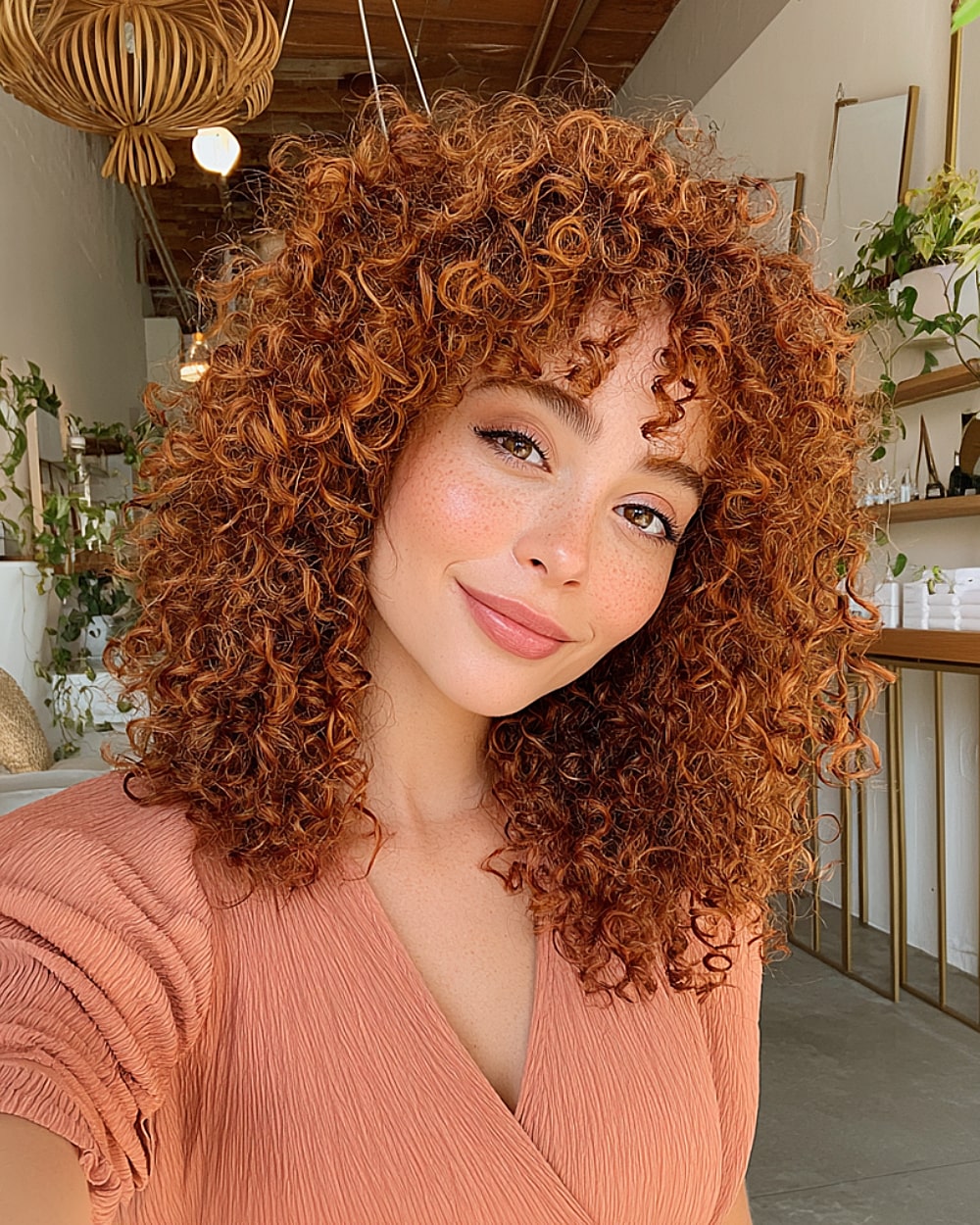 Defined ringlets with curly fringe in a rich copper red color