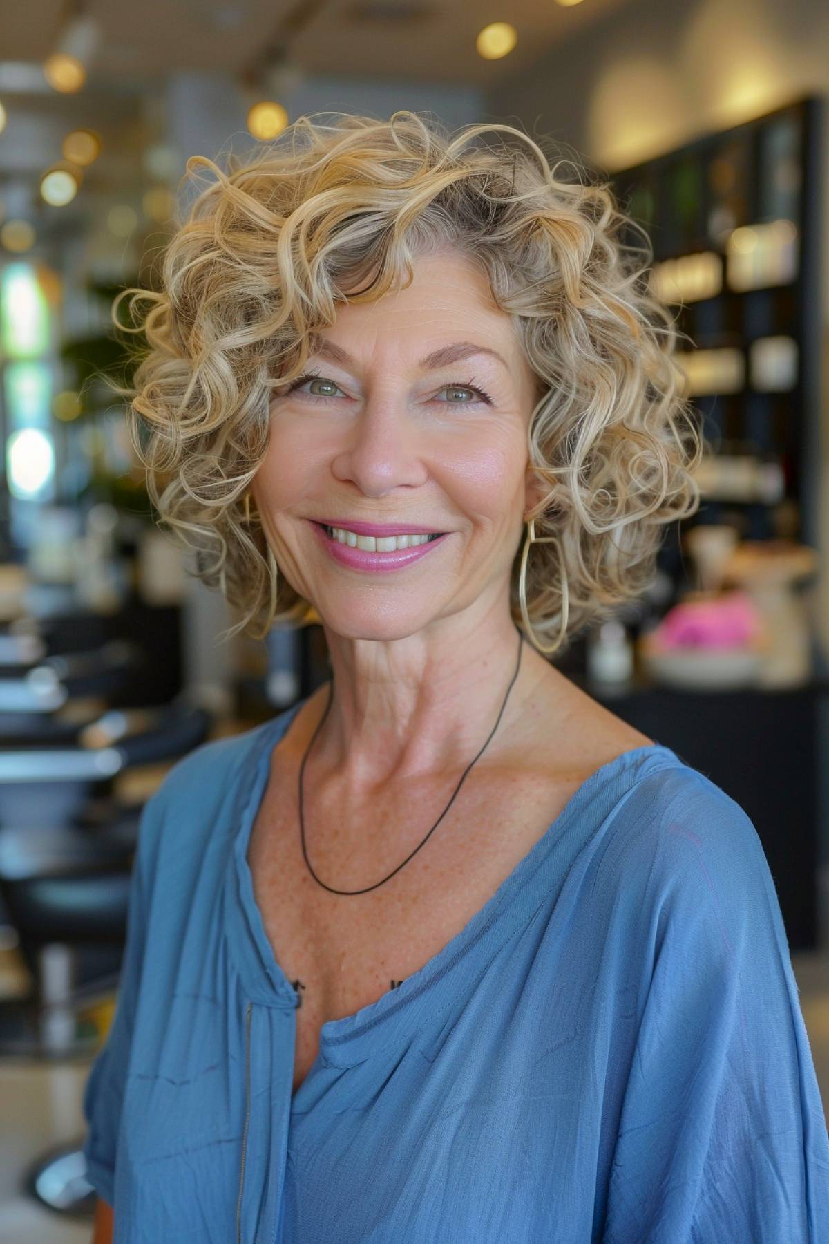 Chin-length curly bob haircut for older women with thin hair