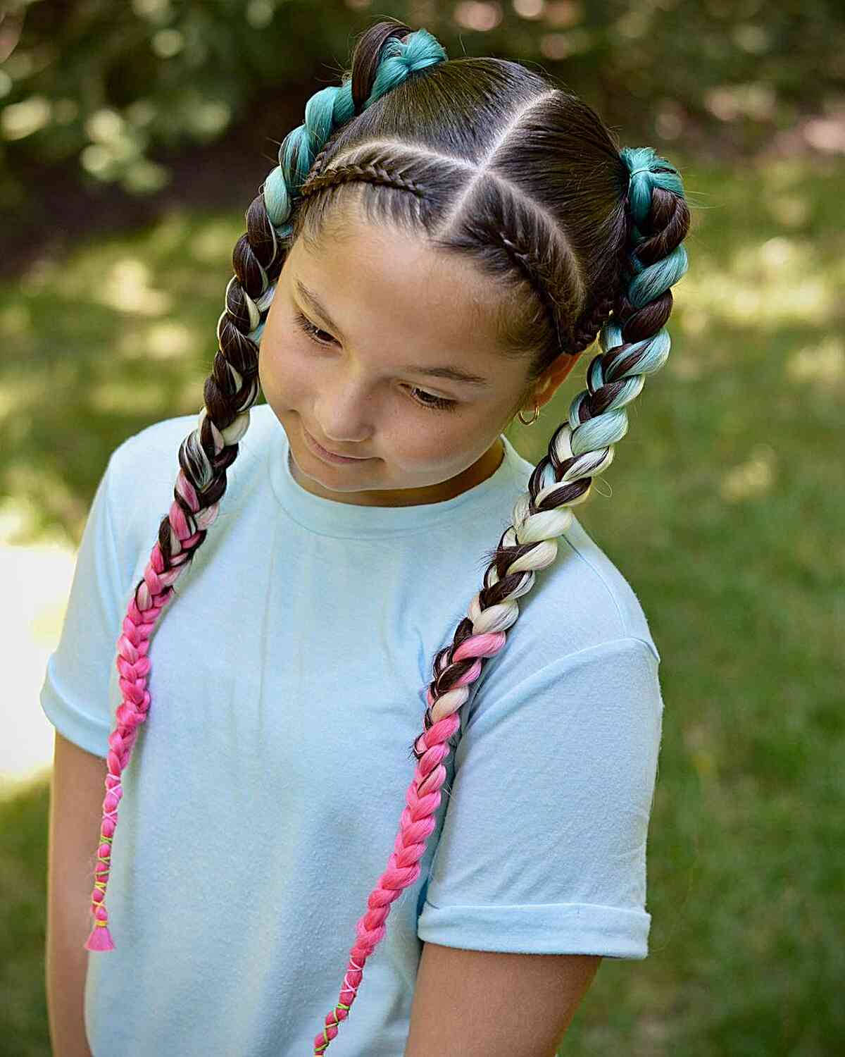 Different Pigtails Softball Hairstyle with Long Colored Braids