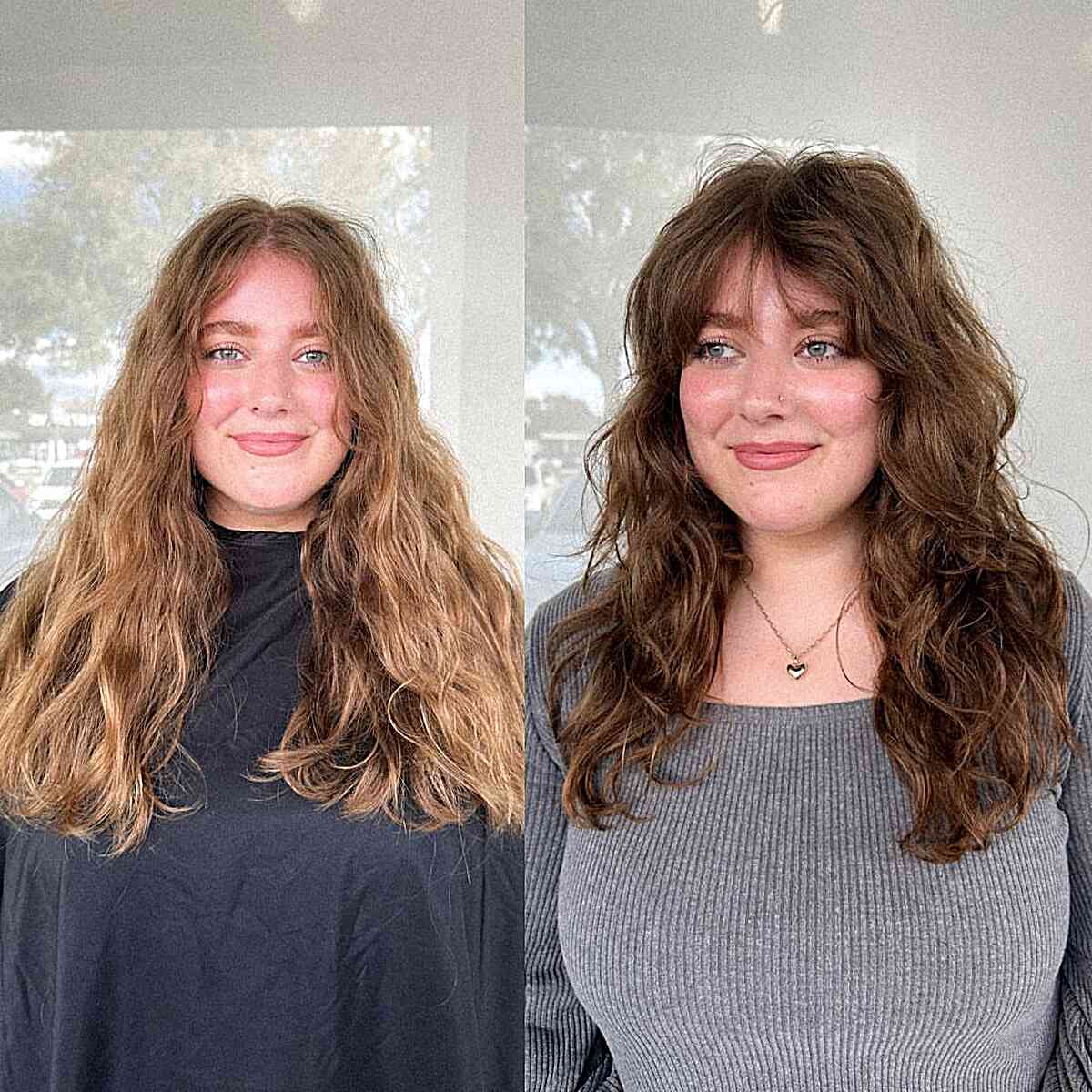 Diffused Curls with Razor Cut Fringe on long slightly curly hair for round faces
