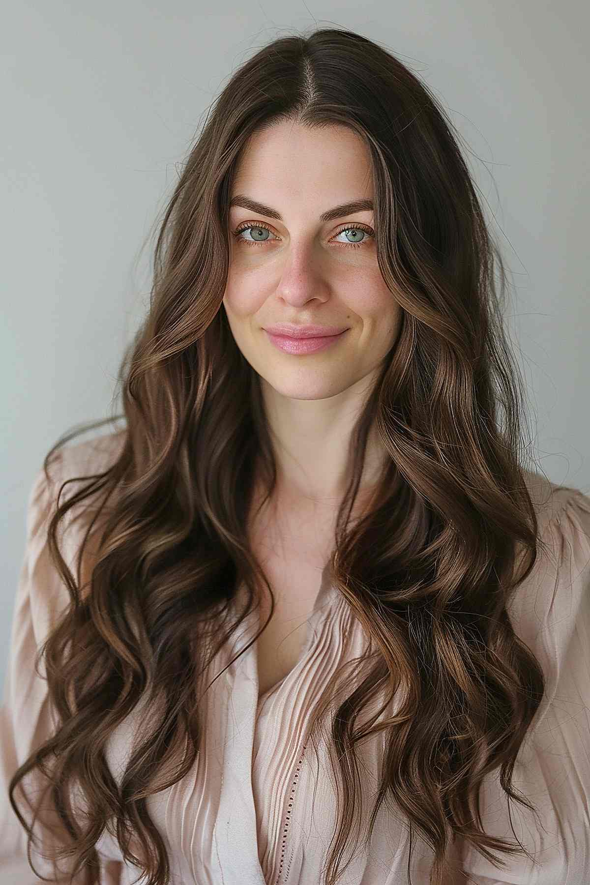 Woman with long hair styled in big, voluminous waves, ideal for oval face shapes, achieved through a perm