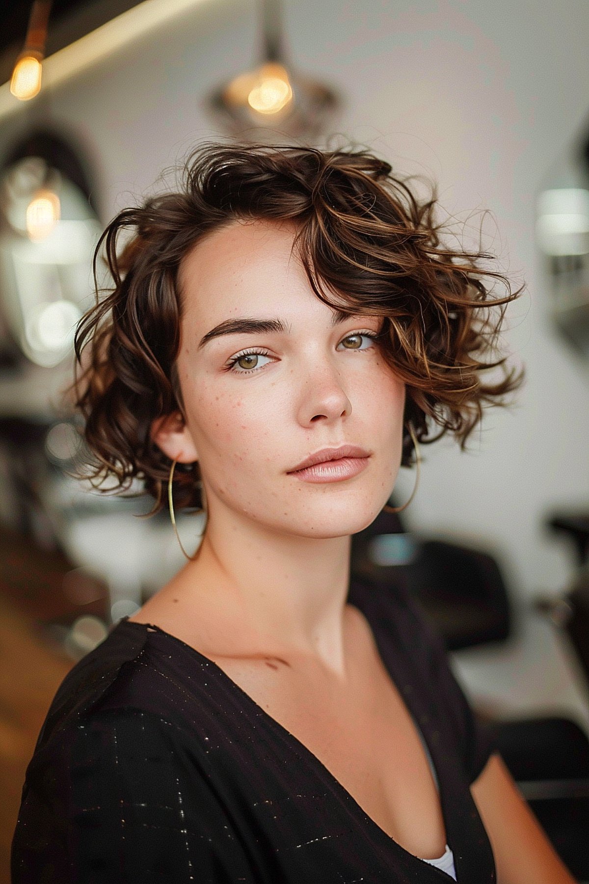 Woman with short hair styled in soft perm curls, adding volume and texture to fine hair