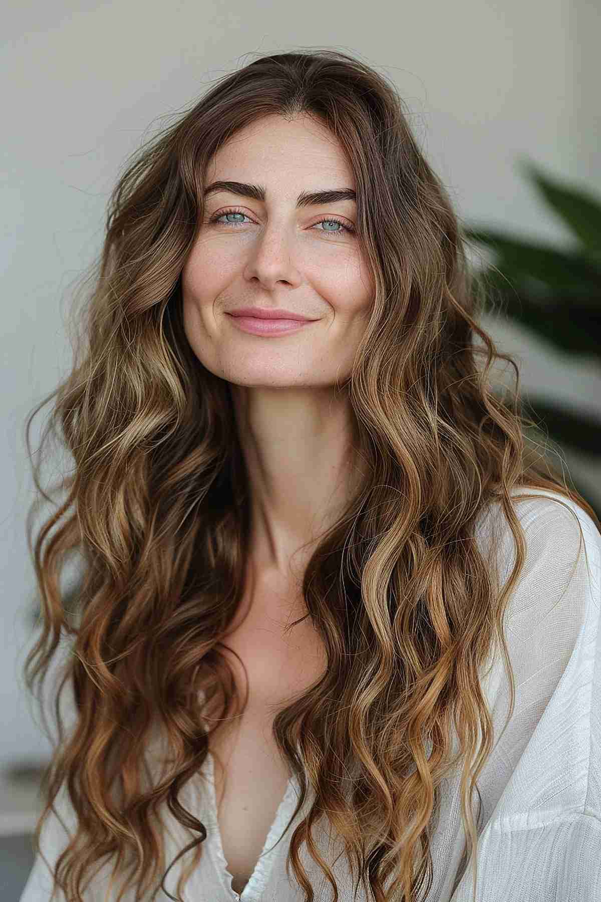 Woman with long hair styled in loose beach waves achieved through a perm