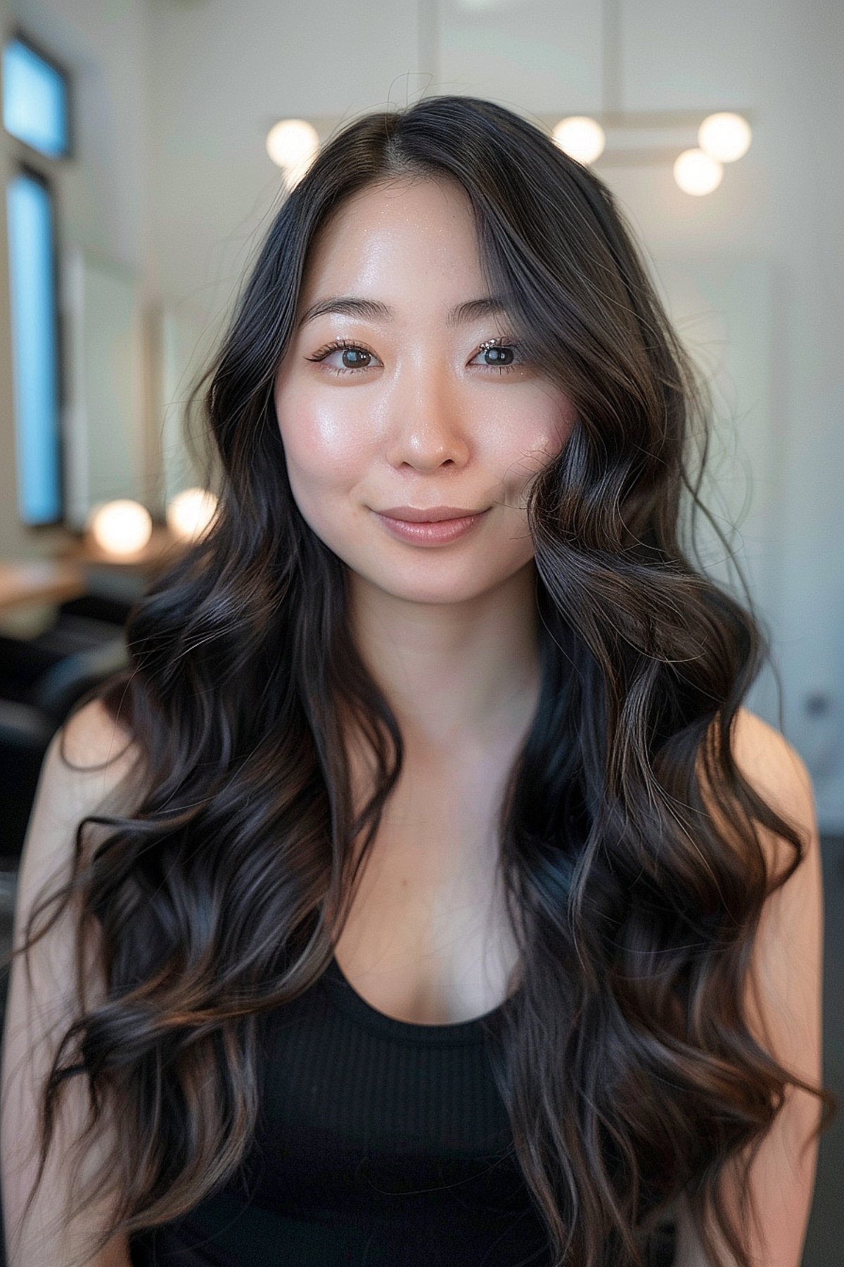 Woman with long, wavy Asian hairstyle achieved through a digital perm for thick hair