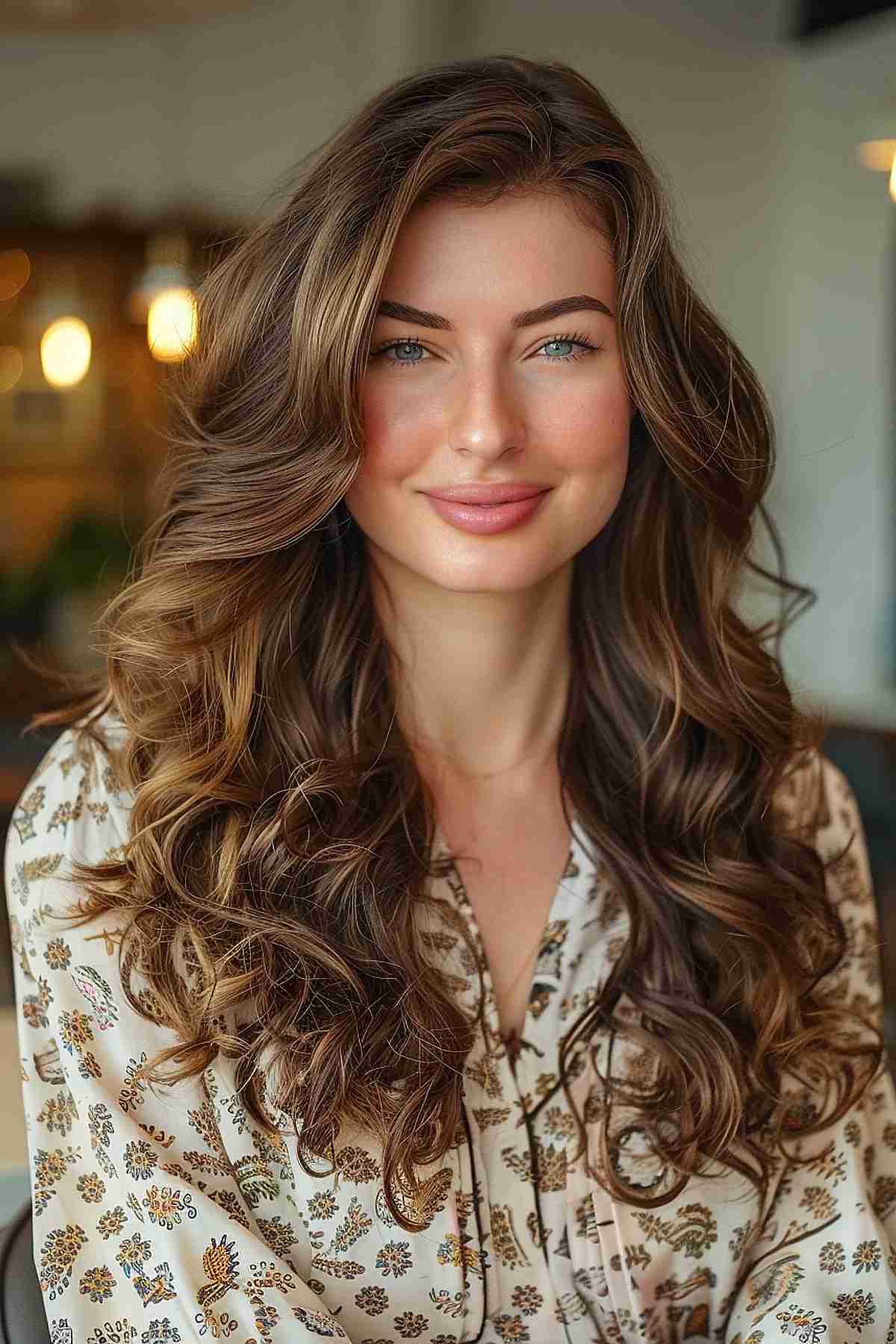 Woman with medium to long hair styled in soft curls, ideal for square face shapes