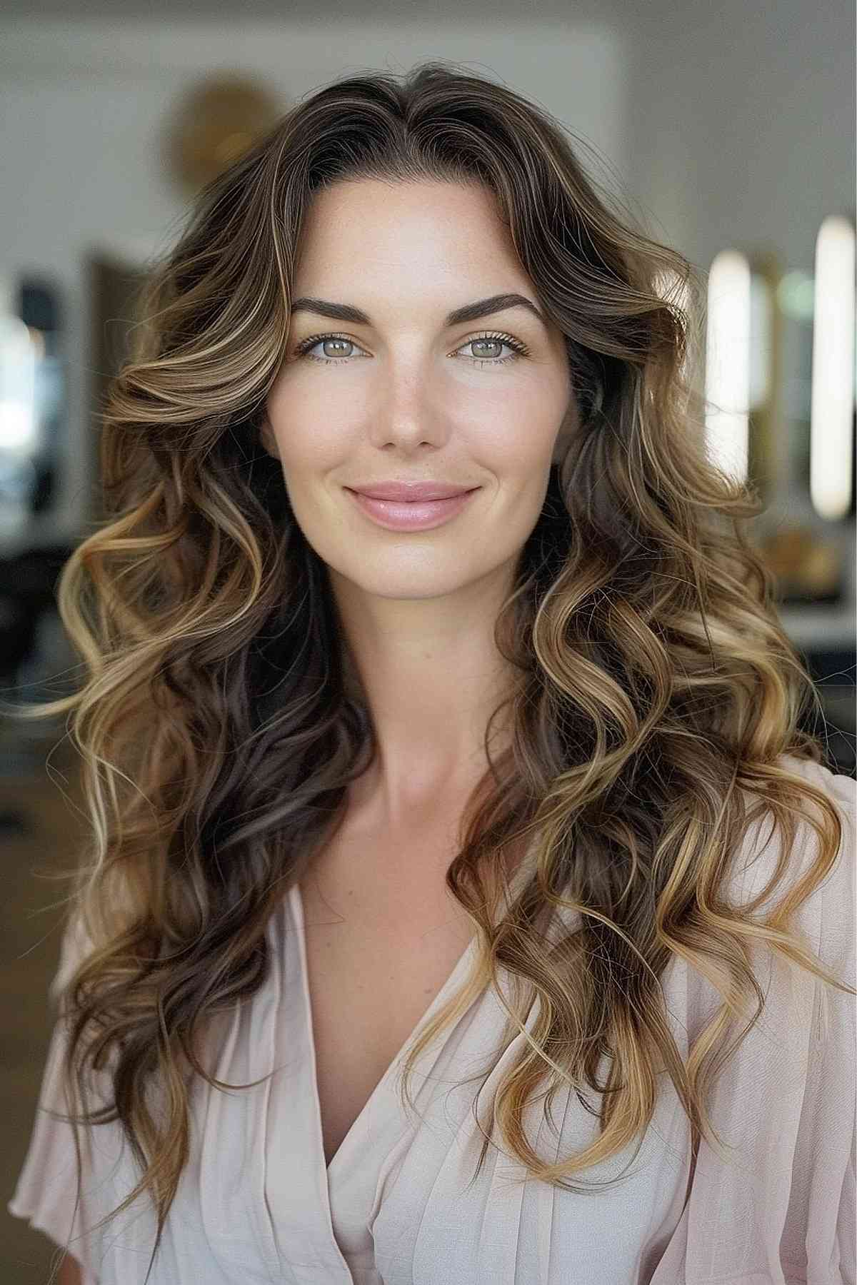 Woman with long hair styled in big, voluminous curls achieved through a digital perm