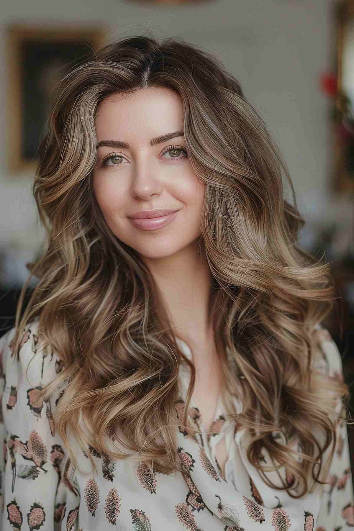 Woman with long hair styled in thick, loose waves, achieved through a digital perm