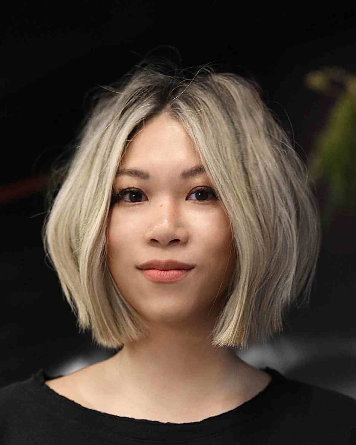 Dimensional Blonde Blunt Cut Bob with a Middle Part