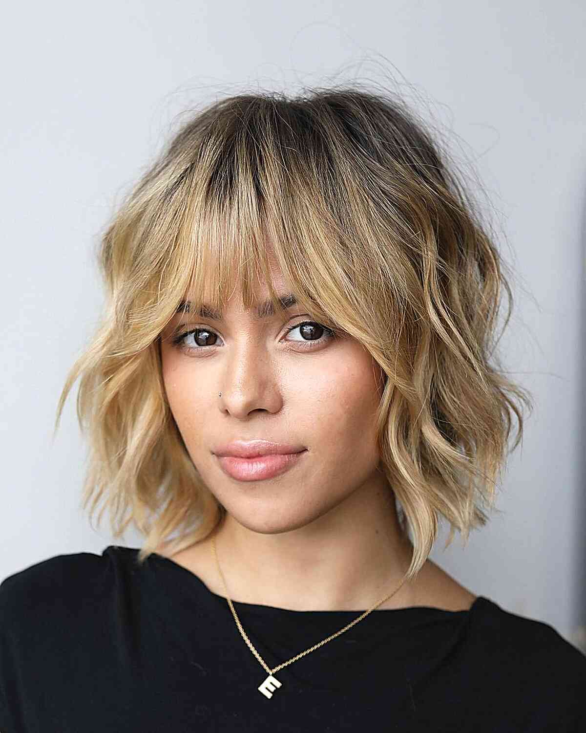 Dimensional Blonde Thin-Haired Bob Cut with Bangs