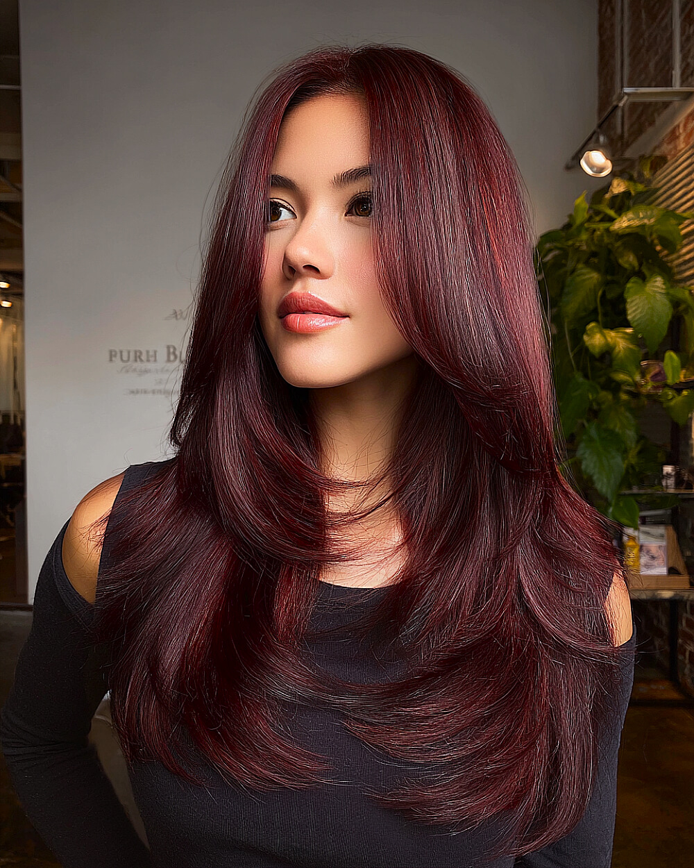 Dimensional burgundy balayage on long layered hair with sleek, voluminous finish and face-framing movement