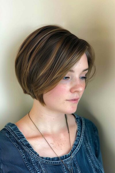 A Short Wedge Bob Haircut with Dimensional Highlights