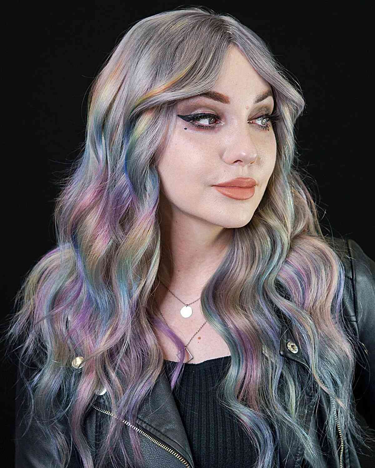 Dimensional Holographic Rainbow on Long Wavy Gray Hair