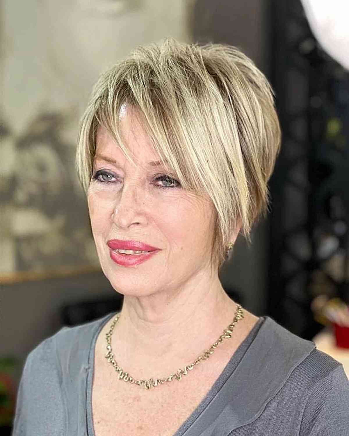 Dimensional Long Pixie with Choppy Fringe for ladies with a large forehead