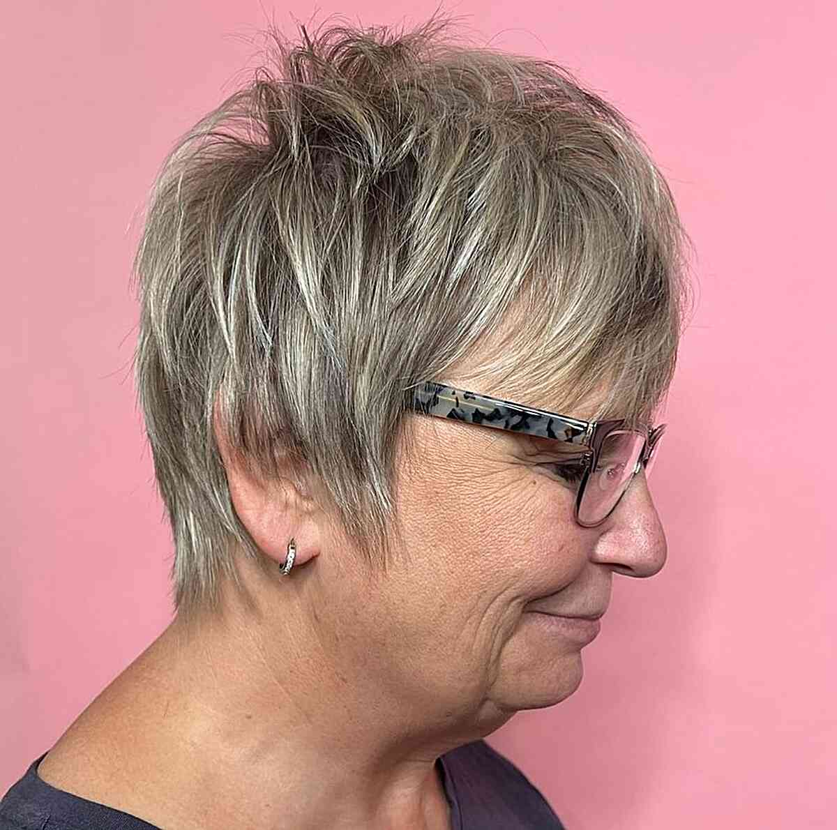 Dimensional Shaggy Pixie for older women with glasses and aging hair