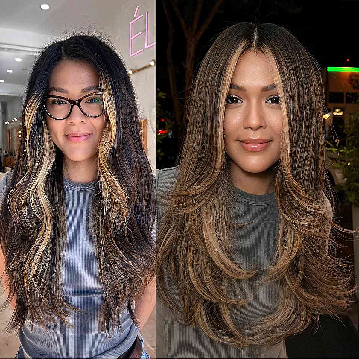 Dimensional Straight Brunette Hair with a Money Piece