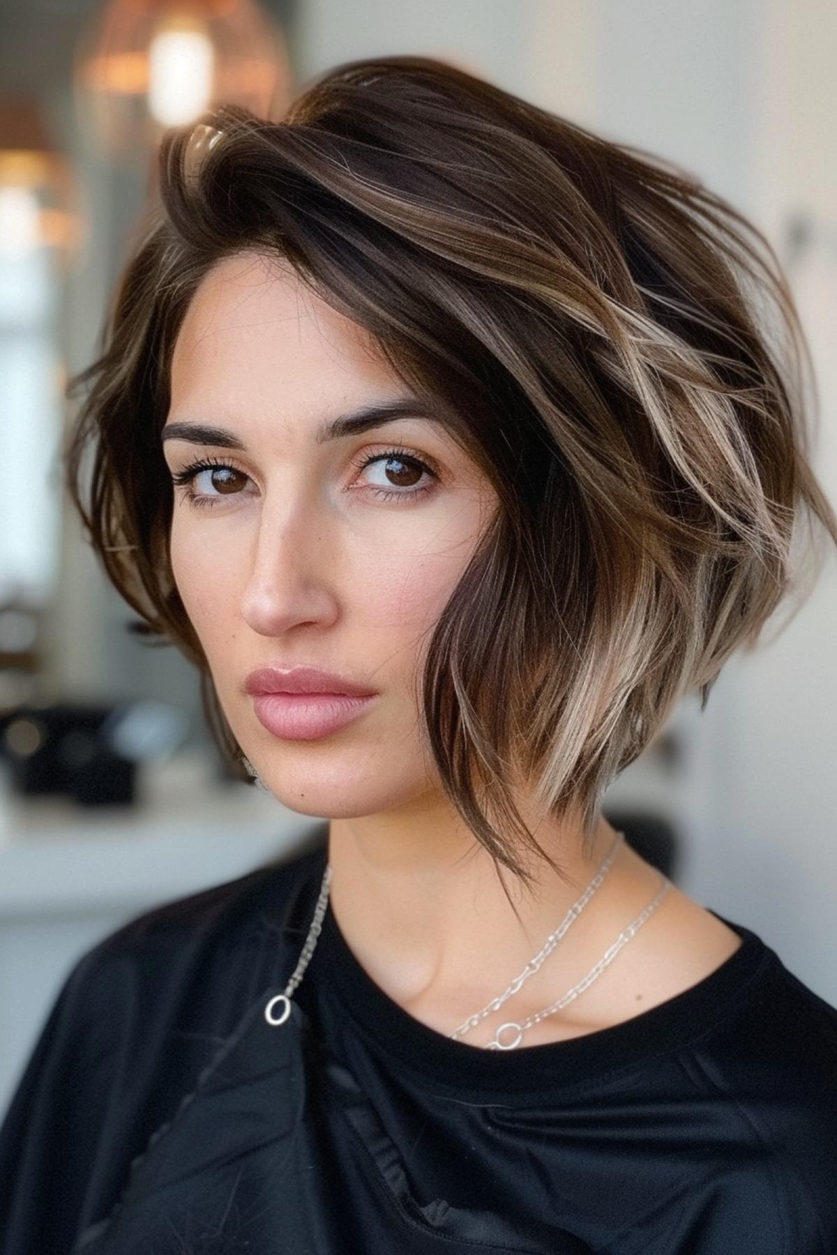 Dimensional Asymmetrical Bob with Balayage Highlight and Waves