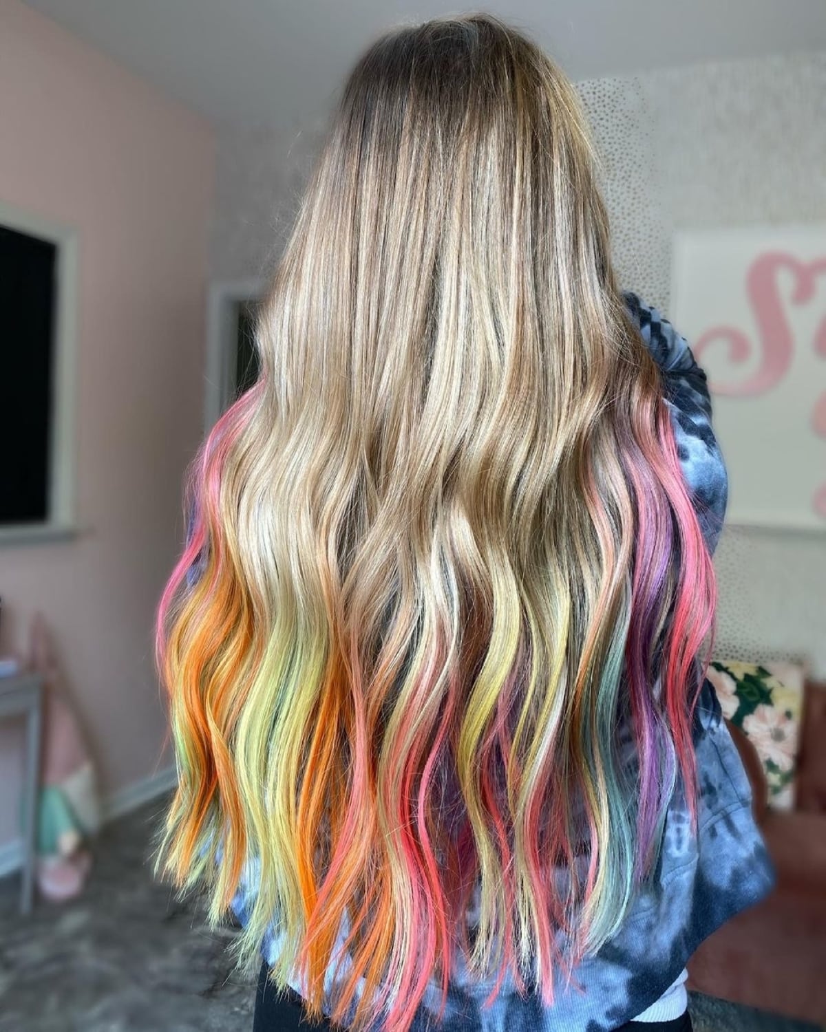 Fun Crimped Underlayer Rainbow Colors on Dark Hair