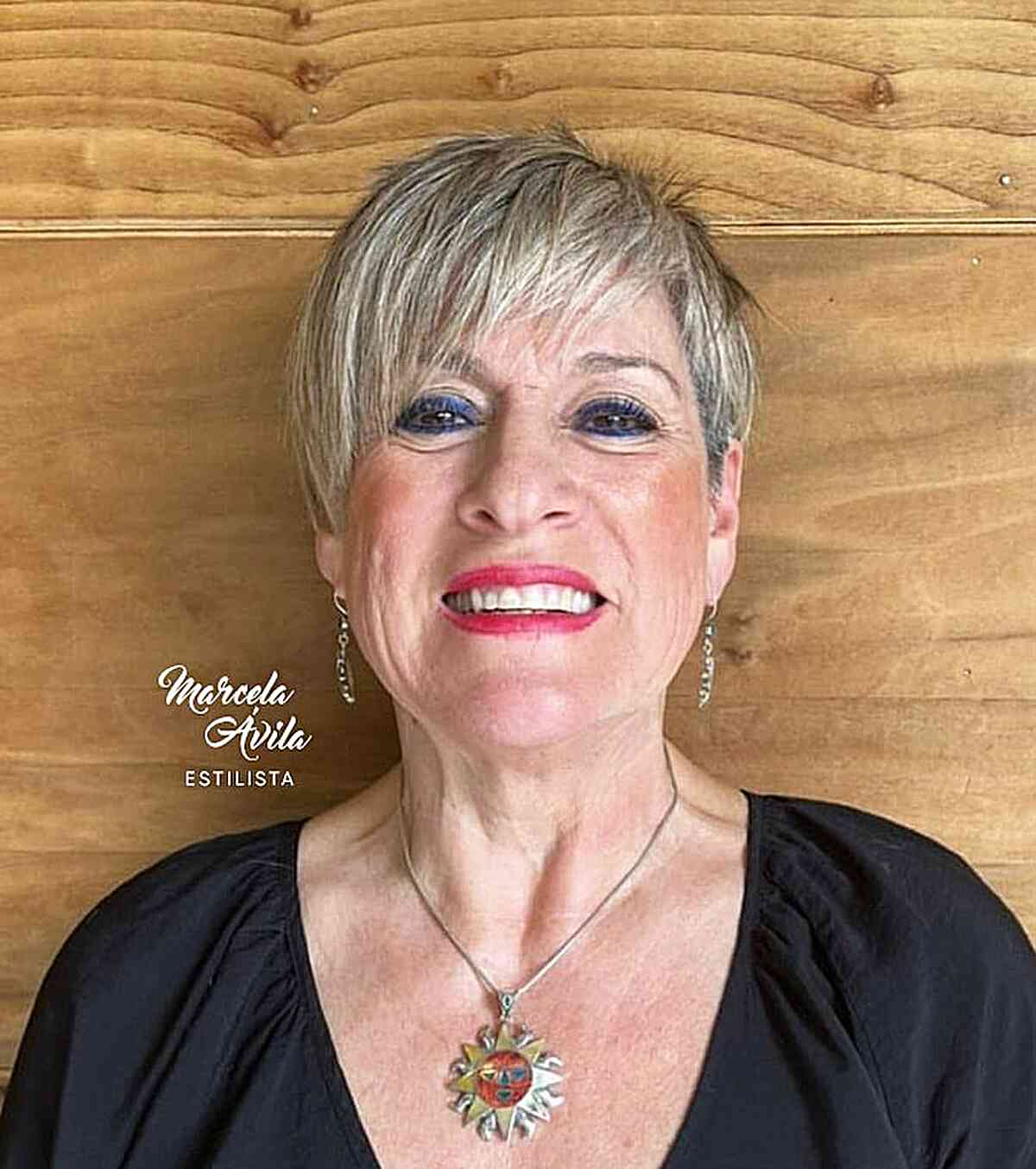 Dirty Blonde Pixie Cut with Sweeping Fringe for older women with thin hair