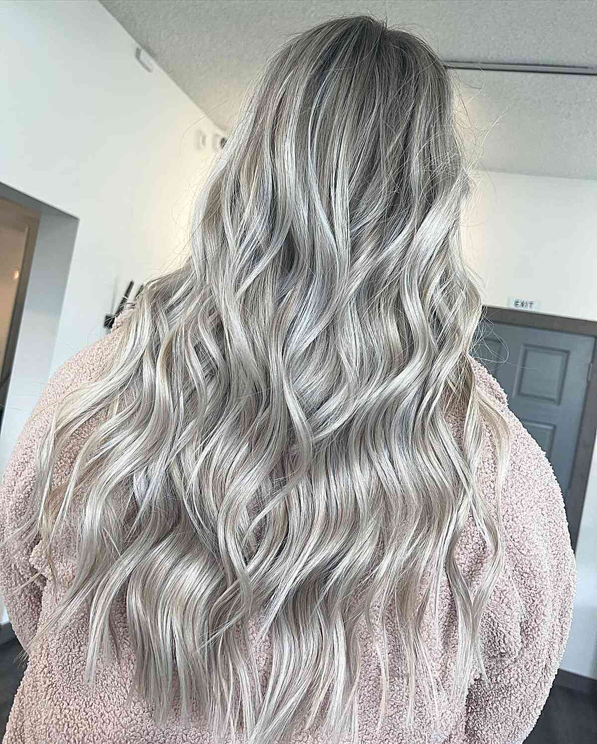 Dirty Silver Icy Blonde Balayage for Very Long Wavy Hair