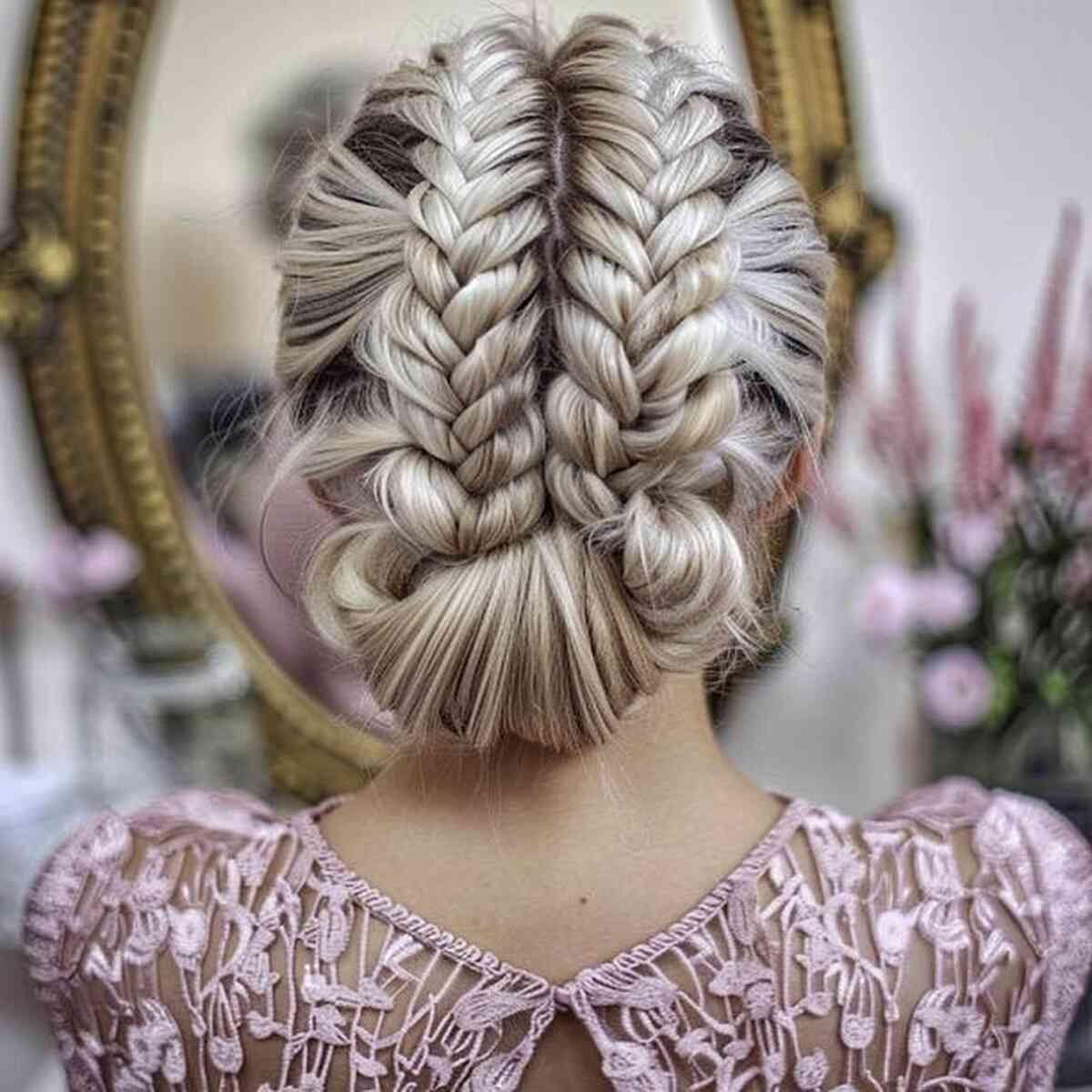 Stylish Double Braided Bun Prom Hairstyle for Long Hair