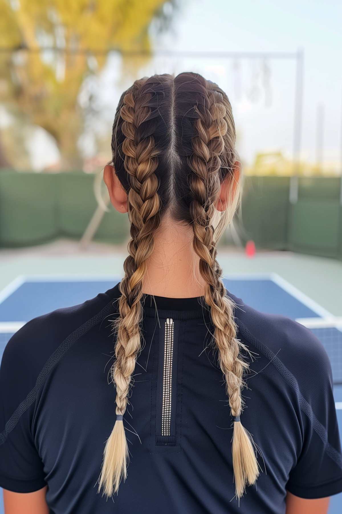 Double braided pigtails for active sports on the tennis court