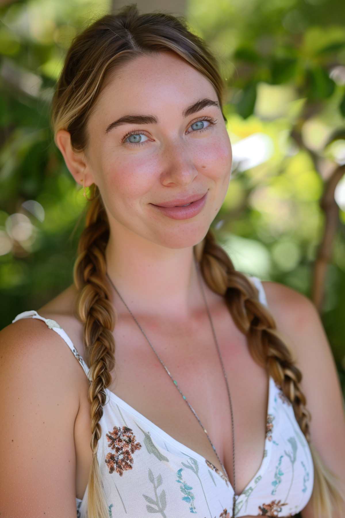 Woman with double braids hairstyle for straight hair in summer