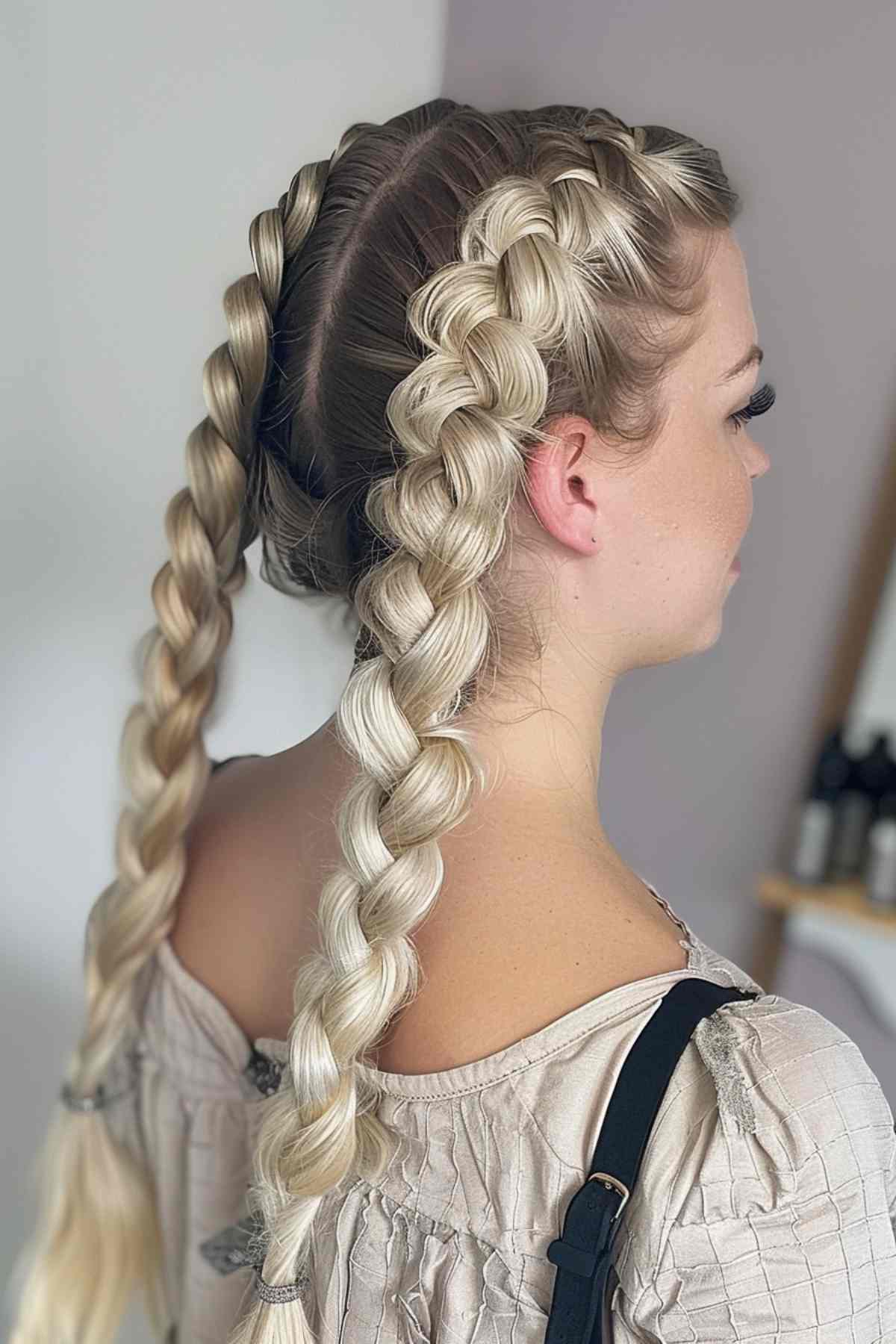 Woman with double Dutch braids, perfect for thick hair