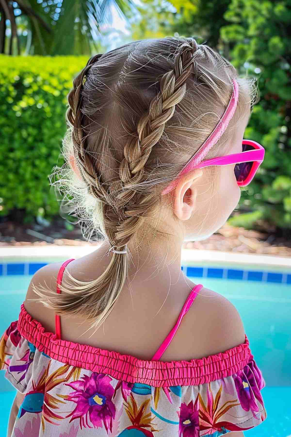 Toddler with double Dutch braids and pink headband, perfect summer hairstyle for kids