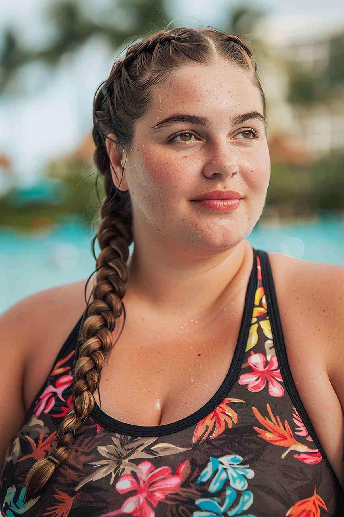 Woman with double Dutch braids, wearing a floral swimsuit