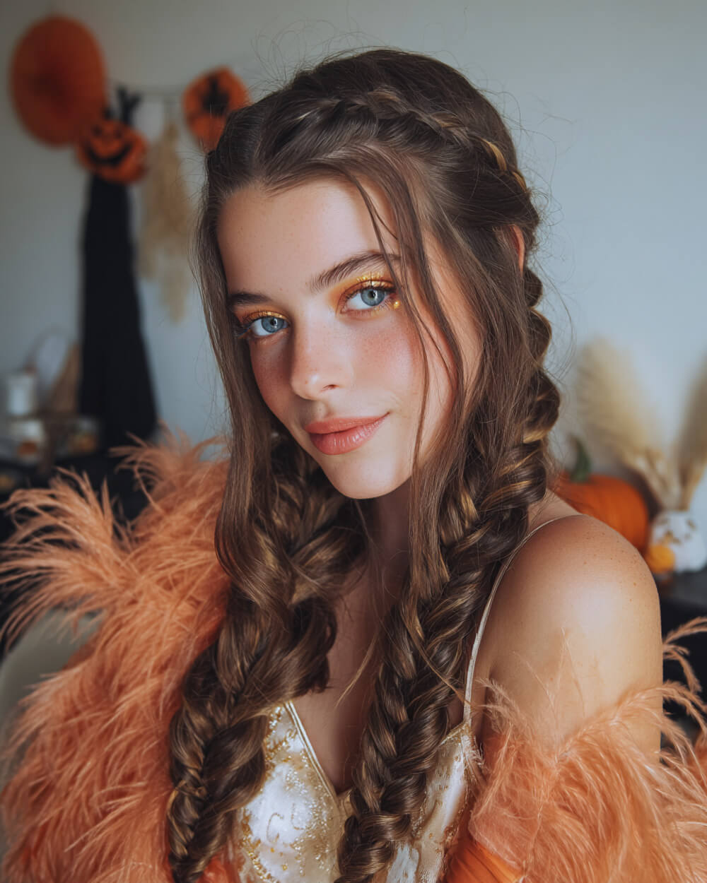 Double Dutch braids flowing into loose romantic waves, soft Halloween hairstyle