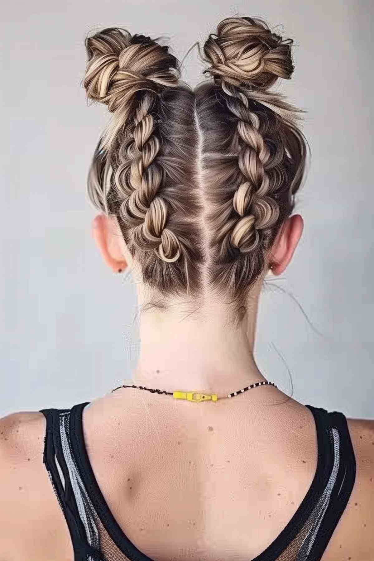 Woman with braided space buns, wearing a black mesh top