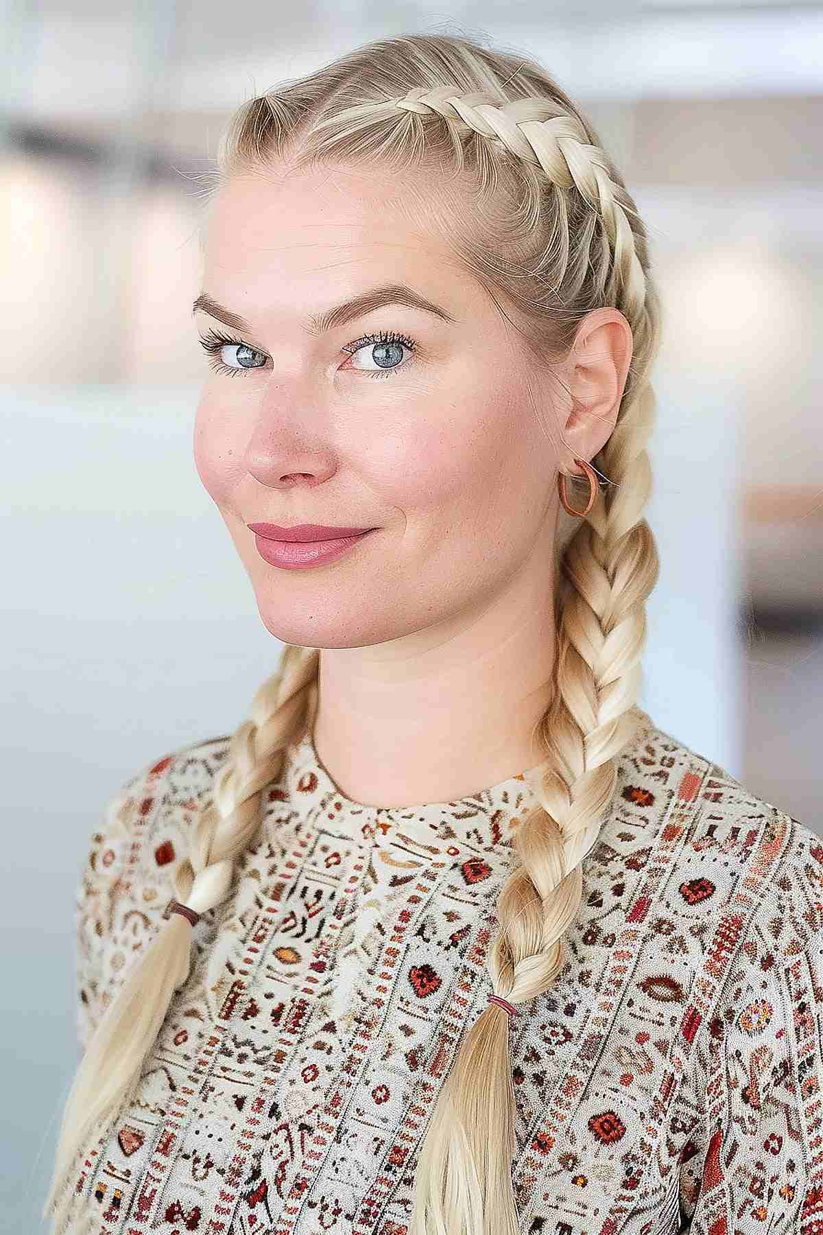 Woman with double Dutch braids hairstyle suitable for travel