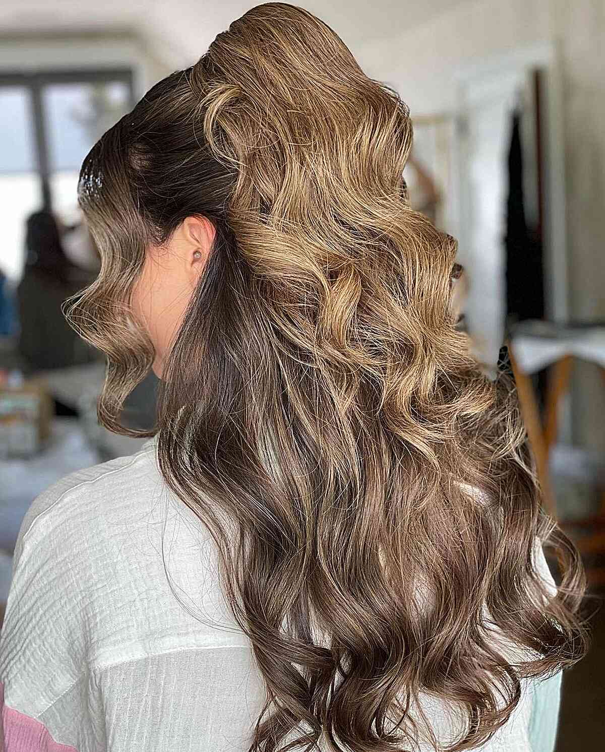 Double Flip Half-Up Ponytail for Wedding Guests with Mid Back-Length hair